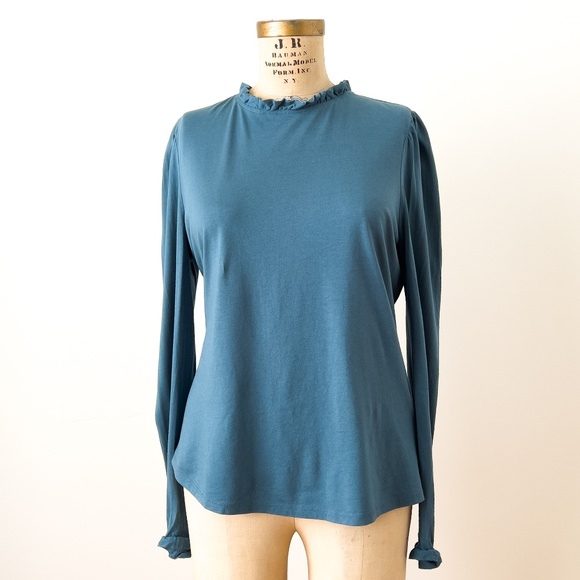 Blue Boden Long Sleeve Cotton Modal Jersey Blend Ruffle Top - Sz 12 Cottagecore - Picture 1 of 12